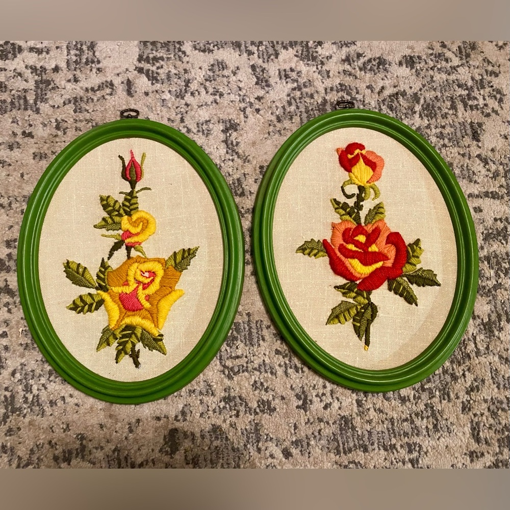 Green Framed Embroidered Rose Wall Art Pair - Yellow & Red Roses